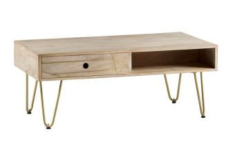 Light Gold Rectangular Coffee Table with Drawer - Solid Mango Wood - L60 x W110 x H45 cm