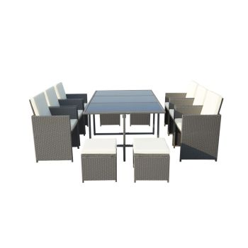 Cannes 10 Seater Cube Set - Steel/Synthetic Rattan - H72 x W166.5 x L110 cm - Grey