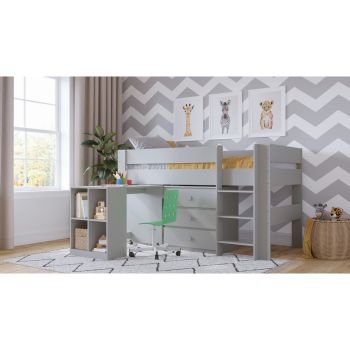 Mid-Sleeper Bed with Pull-Out Desk & Drawer Unit - Grey - Assembly Required