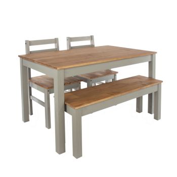 Linea 1200 mm Rectangular Dining Table with Bench and 2 Corona Dining Chairs - Antique Waxed Pine/Grey - Flat Packed