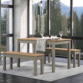 Linea 1500 mm Large Rectangular Dining Table with Bench (Set of 2) - Antique Waxed Pine/Grey - Flat Packed