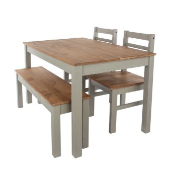 Linea 1500 mm Large Rectangular Dining Table with Bench and 2 Corona Dining Chairs - Antique Waxed Pine/Grey - Flat Packed