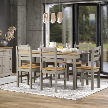 Linea 1500 mm Large Rectangular Dining Table with 6 Corona Dining Chairs - Antique Waxed Pine/Grey - Flat Packed