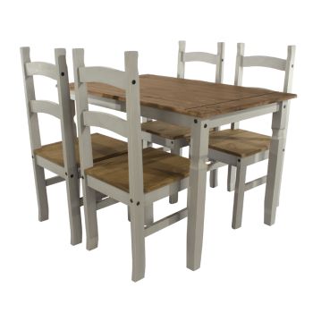 Corona Rectangular Medium Dining Table and 4 Chair Set - Pine - 118 x 75 x 75 cm - Grey Wax/Antique Waxed Pine