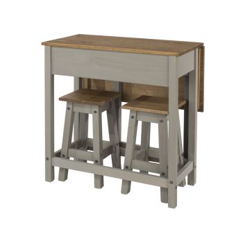 Corona Folding Breakfast Drop Leaf Table and 2 Stools Set - Pine - 80 x 40-72 x 84 cm - Grey Wax/Antique Waxed Pine