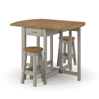 Corona Oval Breakfast Drop Leaf Gateleg Table and 2 Stool Set - Pine - Grey/Antique Waxed Pine - Flat Packed