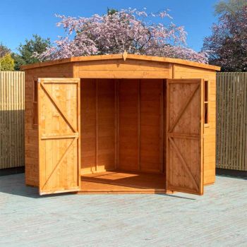 Corner Shed Double Doors Tongue and Groove Garden Shed Workshop Approx 8 x 8 Feet - Honey Brown Timber Basecoat 