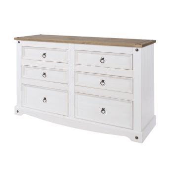 Corona 3+3 Drawer Wide Chest - Pine /Particle Board - 132.1 x 43 x 83.4 cm - White Wax/Antique Waxed Pine