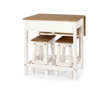 Corona Breakfast Drop Leaf Table and 2 Stools - Pine/Particle Board - 80 x 40-72 x 84 cm - White Wax/Antique Waxed Pine