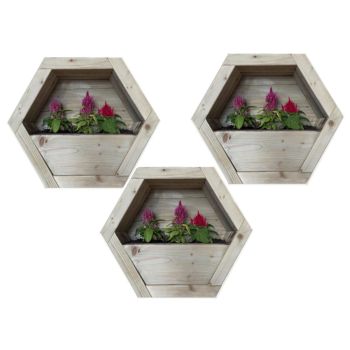 Large Hanging Wooden Hexagon Wall Planter (Set of 3) - L16 x W54 x H47 cm - Fully Assembled