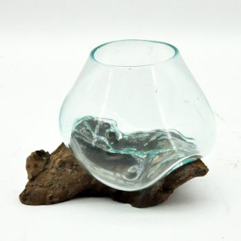 Vase in Teak Root Stand - Extra Small - Blown Glass/Wood - L16 x W28 x H22 cm