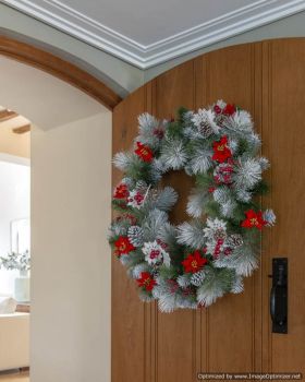 30 Inches Decorative Collection Wreath with Snowy Bristles, Cones, Red Berries, Snowflakes and Red Poinsettia