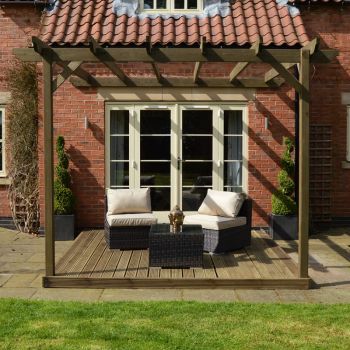 Wall Mounted Pergola and Decking Kit - L240 x W240 x H270  cm - Rustic Brown