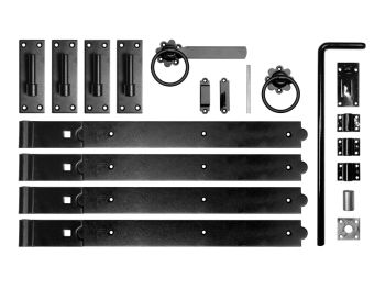 24 Inch Double Gate Fittings Set Hook & Band Hinge, Latch, Drop Bolt - Black