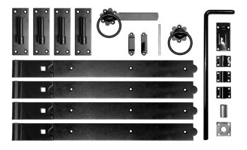 24 Inch Double Gate Fittings Set Hook & Band Hinge, Latch, Drop Bolt - Black