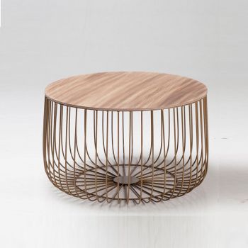 Enzo Large Cage Table - Wood - W63 x H37 cm - Gold Frame/ Oak Finish Top