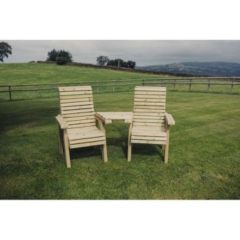 Ergonomic Companion Set, Wooden Love Seat - Angled - L100 x W170 x H105 cm - Fully Assembled - Set of Waterproof Cushions Included