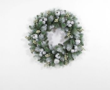 24 Inches Glittery Pomegranate Pine Wreath with Silver Pomegranate, Champagne Berries and White Frosted Tips