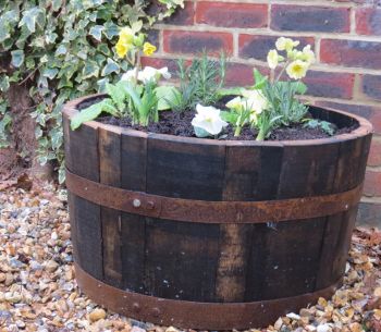 Half oak whisky barrel planter traditional rustic planter tub for plants or water feature