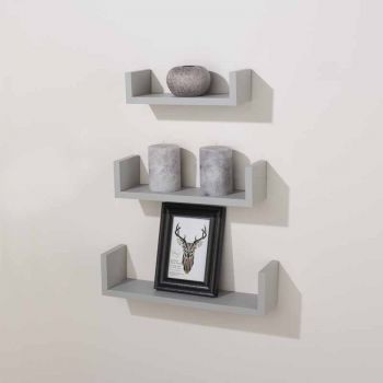 Set of 3 floating "U" shape wall shelf kit - light grey