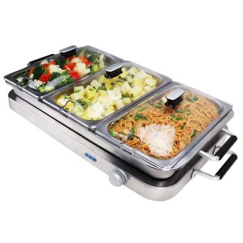 Premium 3 X 2.5 Lt Large Buffet Warmer and Server Hot Plate - Stainless Steel - L65 x W28.2 x H16 cm - Silver