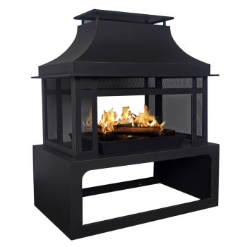 Callow Garden Log Burning Fireplace - for Outdoor Heating with Tall Chimney - Steel - L50 x W140 x H70 cm - Black