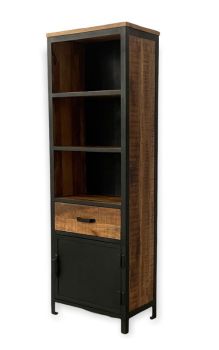 Induse 1 Drawer Large Bookcase - Mango Wood/Iron - L37 x W65 x H190 cm - PP Sawn Finish