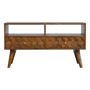Chestnut Cube Carved Media Unit with 2 Drawers 