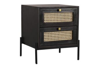 Rattan Bedside Table 2 Drawer - Mango Wood/Iron - L45 x W45 x H55 cm - Black Finish with Natural Rattan - Assembly Required