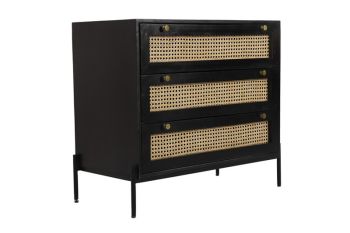 Rattan Chest of Drawer - Mango Wood/Iron - L45 x W90 x H78 cm - Black Finish with Natural Rattan - Assembly Required