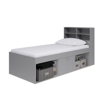 3 Feet Low Cabin Bed with Bookcase Headboard - L214 x W96 x H100 cm - Grey - Assembly Required