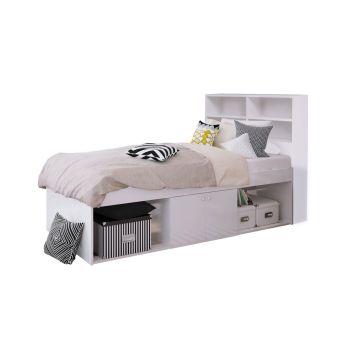 3 Feet Low Cabin Bed with Bookcase Headboard - L214 x W96 x H100 cm - White - Assembly Required