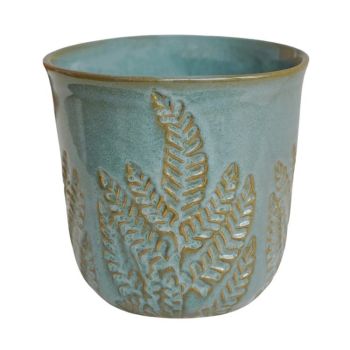 Kew Embossed Fern Planter - Ceramic - L22.5 x W22.5 x H21.5 cm - Teal