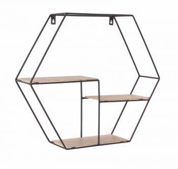 hexagonal display wall shelf - black metal and wood effect
