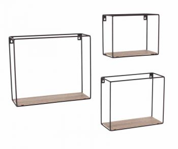 rectangular set of 3 display wall shelf set - black metal and wood effect 