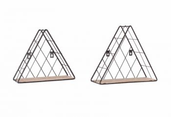 triangle set of 2 display shelf set - black metal and wood effect