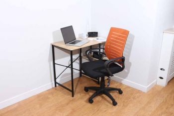 study chair with arms, orange mesh back, black fabric seat & black base