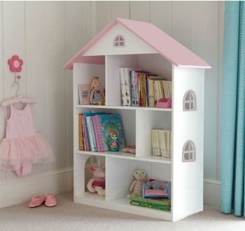 White Dollhouse Bookcase with Pink Roof