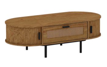 Coffee Table Front Rattan Drawer with Metal Legs - MFC/MDF - L55 x W120 x H40 cm - Light Oak