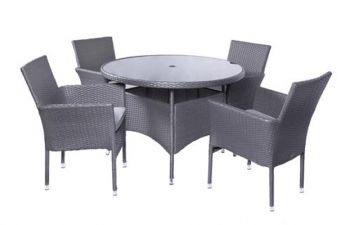 MALAGA 4 Seater Stacking Dining Set 110cm Round Table with Black Glass Top, 4 Stacking Nest Base Chairs including Cushions