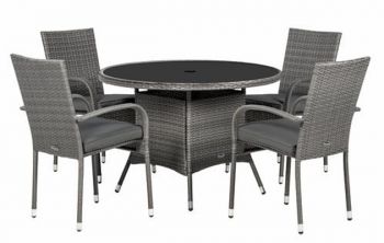 MALAGA 4 Seater Stacking Dining Set 110cm Round Table with Black Glass Top, 4 Stacking Chairs including Cushions