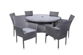 MALAGA 6 Seater Stacking Dining Set 140cm Round Table with Black Glass Top, 6 Stacking Nest Base Chairs including Cushions