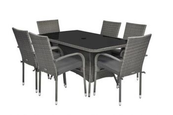 MALAGA 6 Seater Rectangular Stacking Dining Set 150x90cm Table with Black Glass Top, 6 Stacking Chairs including Cushions