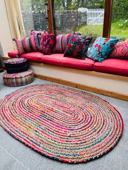 MISHRAN Oval Rug Braid Hand Woven with Recycled Fabric - Jute - L60 x W180