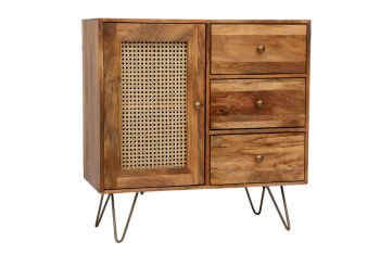 Nyack Small 3 Drawer Sideboard - Mango Wood/Iron - L40 x W90 x H87 cm - Light Brown with Natural Rattan - Assembly Required