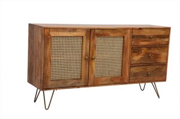 Nyack Large Sideboard - Mango Wood/Iron - L40 x W145 x H80 cm - Light Brown with Natural Rattan - Assembly Required