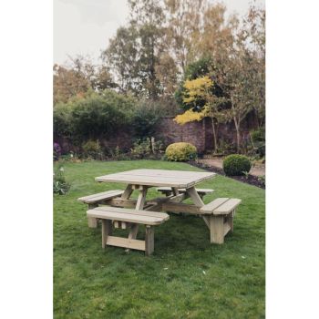 Square Picnic Table Sits 8, Wooden Garden Furniture - L200 x W200 x H77 cm - Minimal Assembly Required