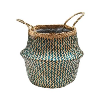 Seagrass Chevron Lined Medium Basket - Seagrass - L35 x W35 x H30 cm - Teal