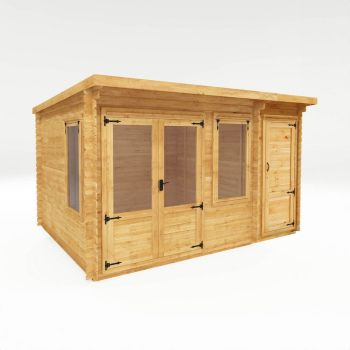 4.1 x 3 m Pent Log Cabin with Side Shed - 19 mm - Timber - L332.6 x W412.8 x H249 cm - Brown