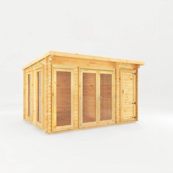 4.1 x 3 m Studio Pent Log Cabin with Side Shed - 28 mm - Timber - L333.5 x W413.6 x H249.4 cm - Brown